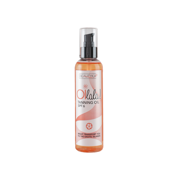 Oilala Tanning Oil with Spf 6 for a secure tanning.  It’s your ideal summer companion for a deep golden glow.  Scented with Coconut oil, a combination of natural oils and Vit E it will transport you to the exotic islands.  Do not store directly in sunlight.